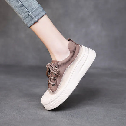 Women's yellow and brown cow leather lace-up casual shoes with round toe