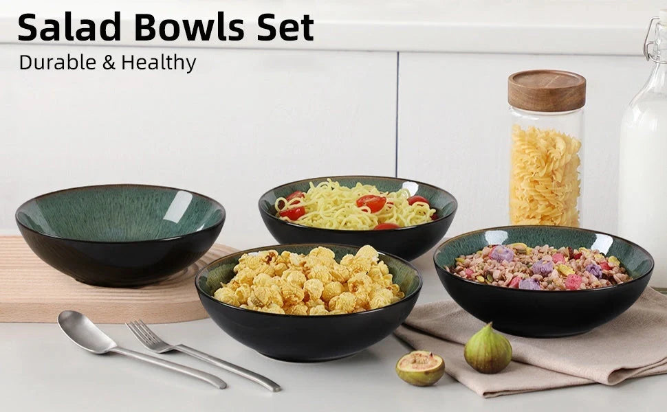 Unique peacock green ceramic bowl set, 30oz each, dishwasher, microwave, and oven safe