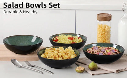 Unique peacock green ceramic bowl set, 30oz each, dishwasher, microwave, and oven safe