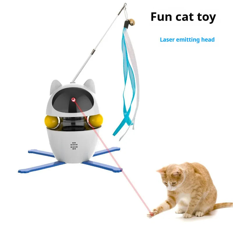 White automatic interactive cat toy with elastic rope on flexible stick for indoor feline play