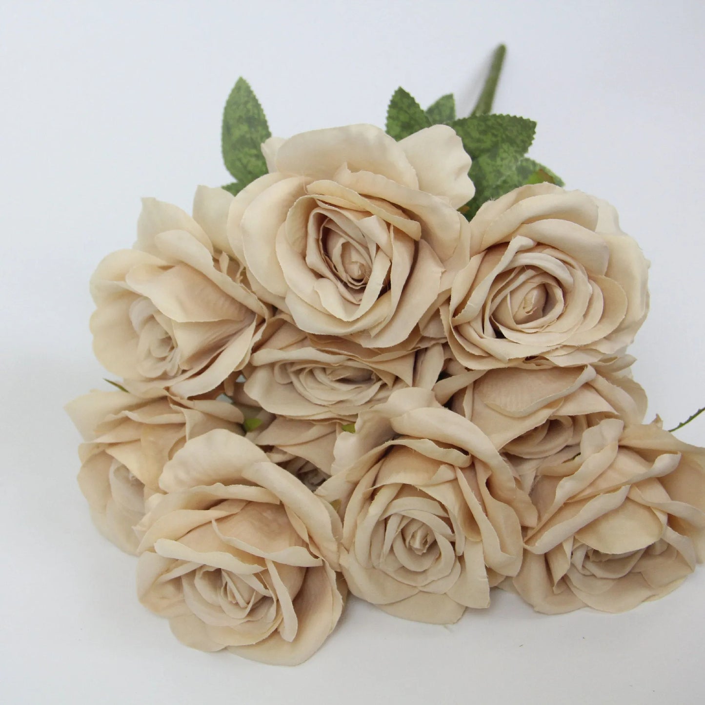 Artificial silk rose flower bouquet with ten rose heads, 53cm tall, in brown colour option.
