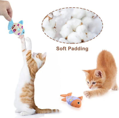 Two small plush goldfish cat toys with crinkle paper sound layer and catnip filling
