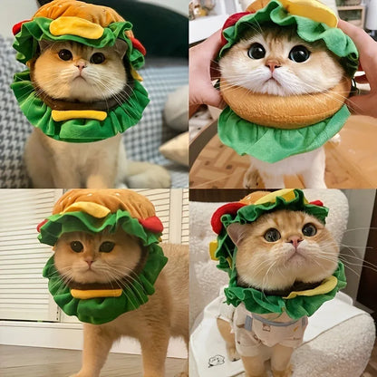 Burger headdress pet collar with sesame seed details and adjustable velcro closure