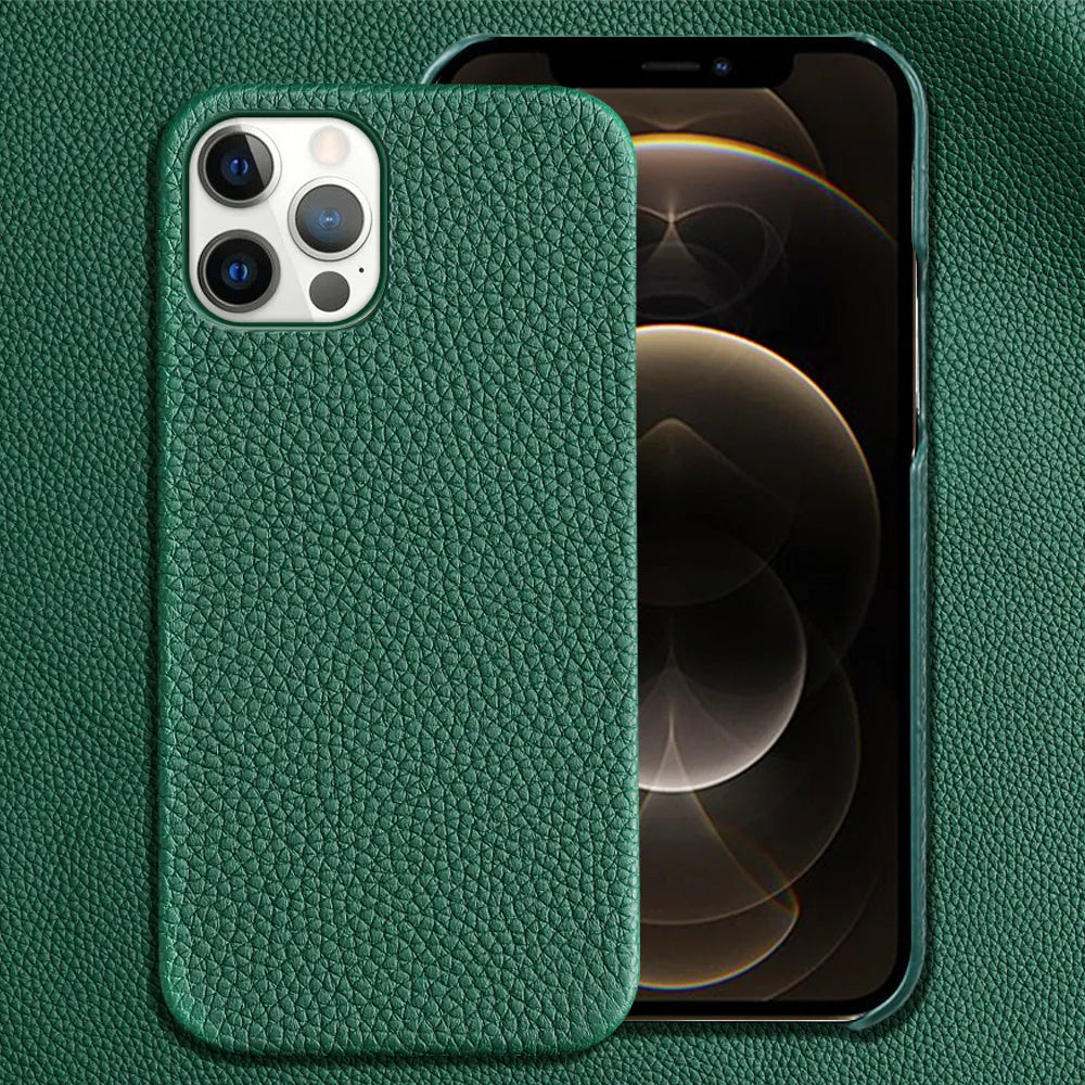 Genuine cowhide leather iPhone case in brown with anti-drop design and tempered film included.