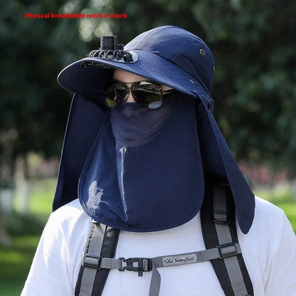 Men's khaki sun hat with built-in cooling fan and attached face covering neck shawl for outdoor protection.