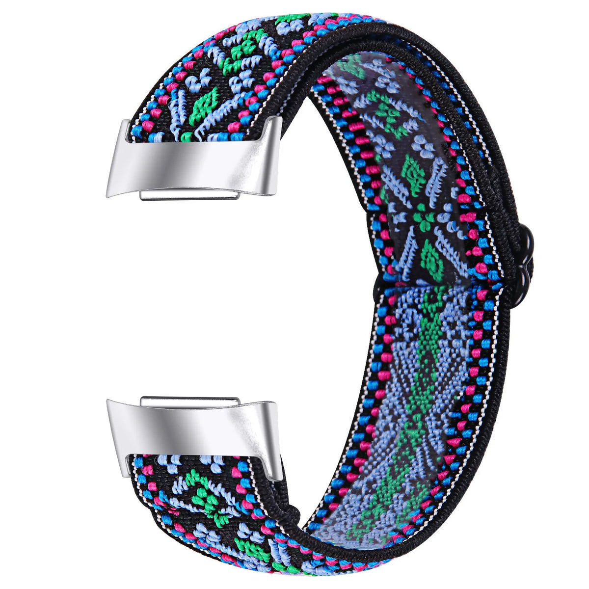 Printed elastic watch strap compatible with Fitbit Charge 6 shown in adjustable position