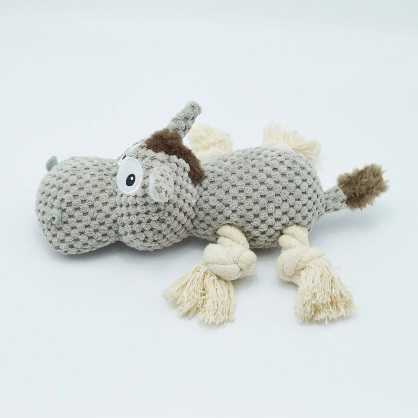 Grey donkey-shaped plush dog toy with cloth velvet material showing creaking sound feature