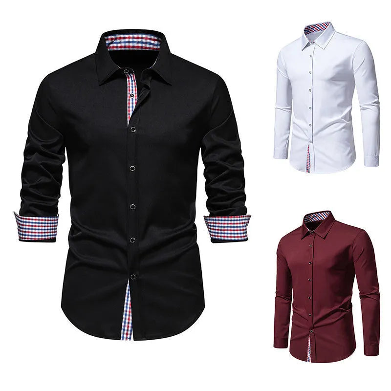 Men's loose plaid stitching casual long-sleeved shirt in black, white or wine red colours