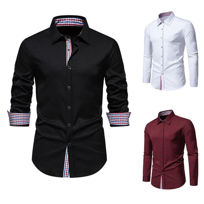 Men's loose plaid stitching casual long-sleeved shirt in black, white or wine red colours