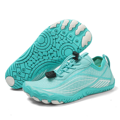 Children's wading swimming shoes with non-slip rubber sole in black, grey, pink, and blue colour options