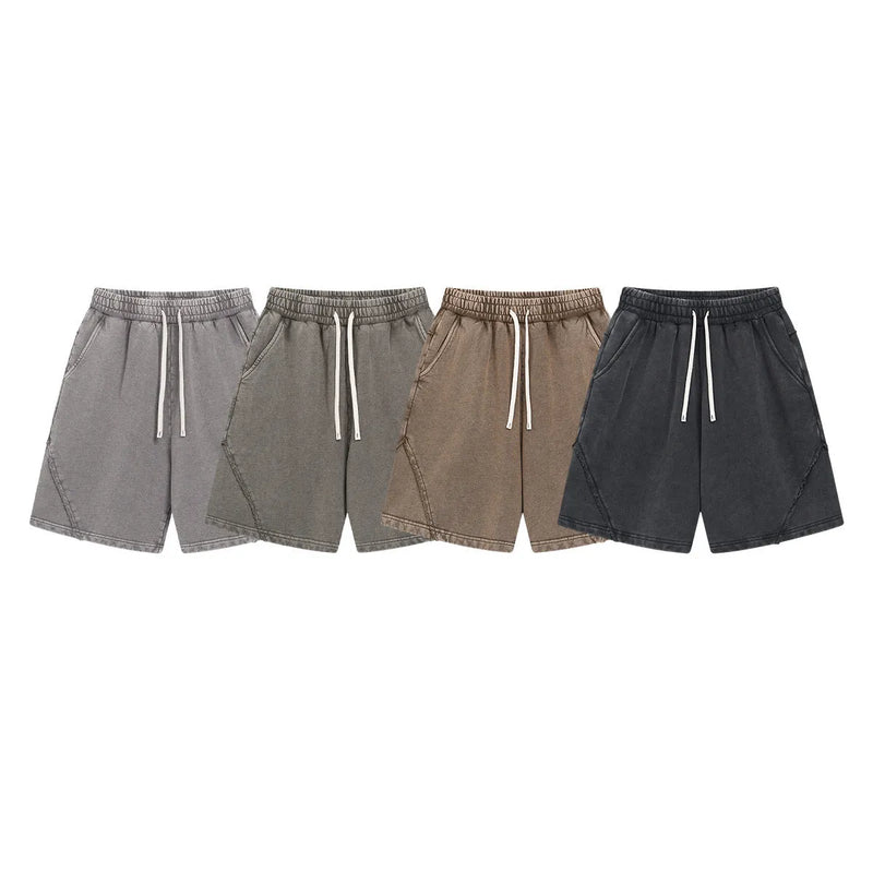 Men's Casual Shorts in Batik Washed Pure Cotton Terry Fabric, Loose-Fit Street Fashion Design with Retro Patch Craft Details, Available in S M L XL XXL Sizes and Four Batik Colour Options