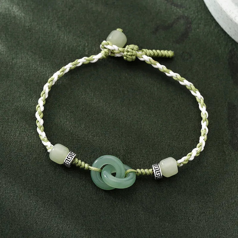 Green jade colour woven women's bracelet with a copper peace buckle and double ring design