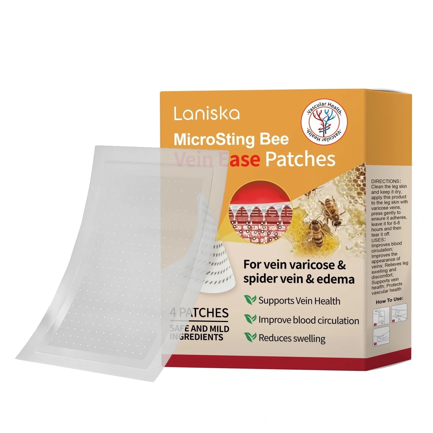 Varicose vein microneedle patch showing 5cm x 5cm size with adhesive backing and serum formulation