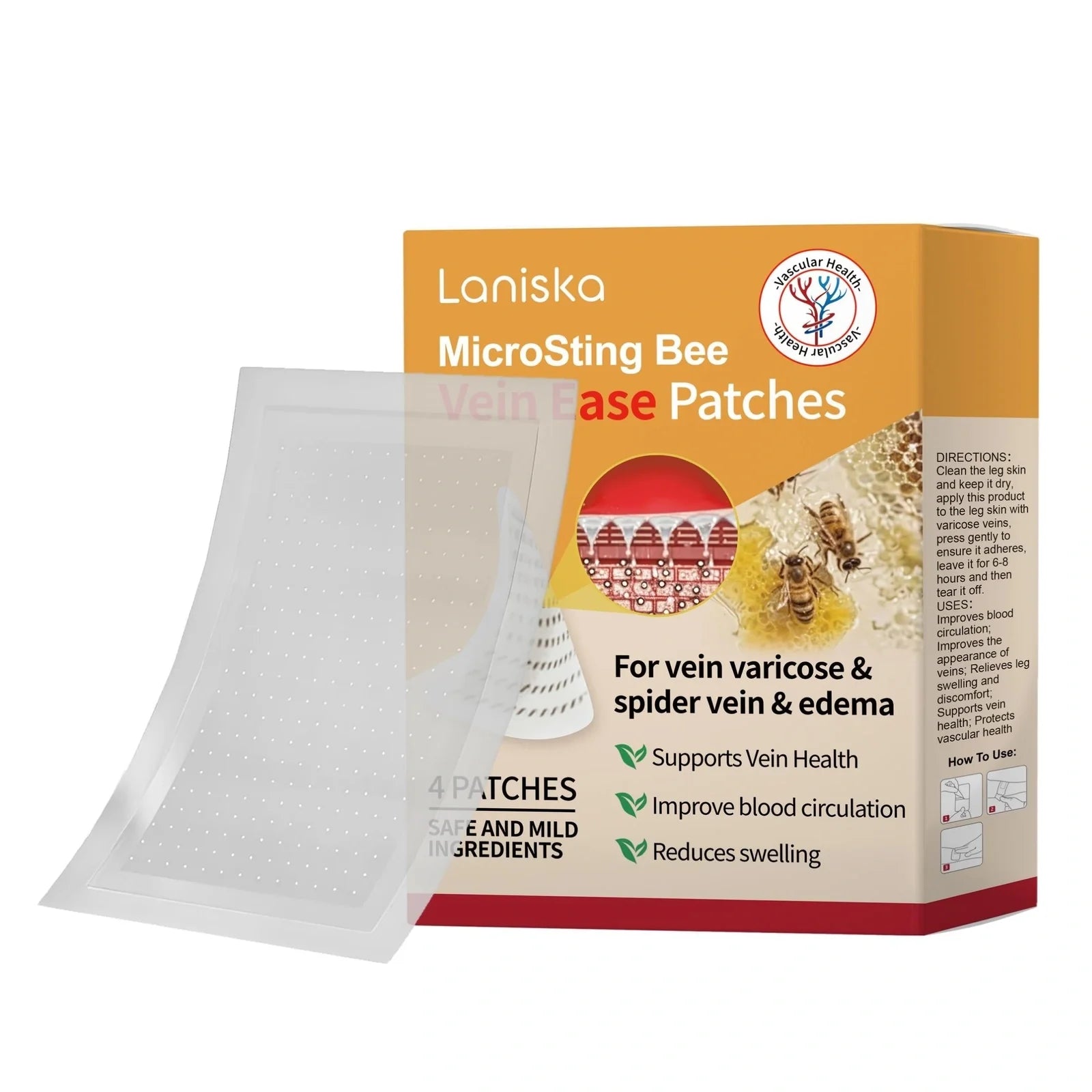 Varicose vein microneedle patch showing 5cm x 5cm size with adhesive backing and serum formulation