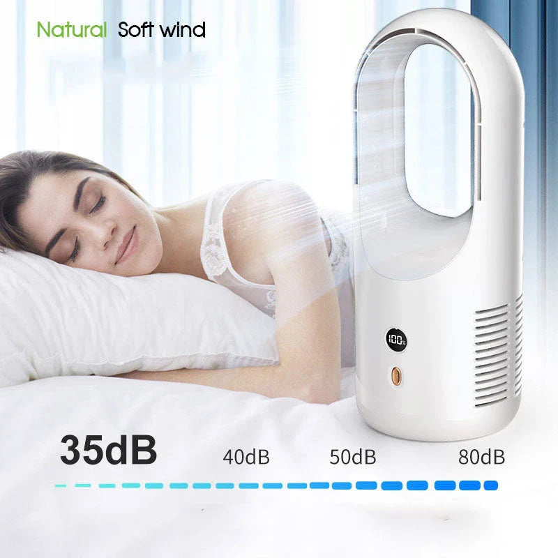 Ultra-quiet bladeless fan with adjustable settings, 360-degree air circulation, and rechargeable battery for desk or home use
