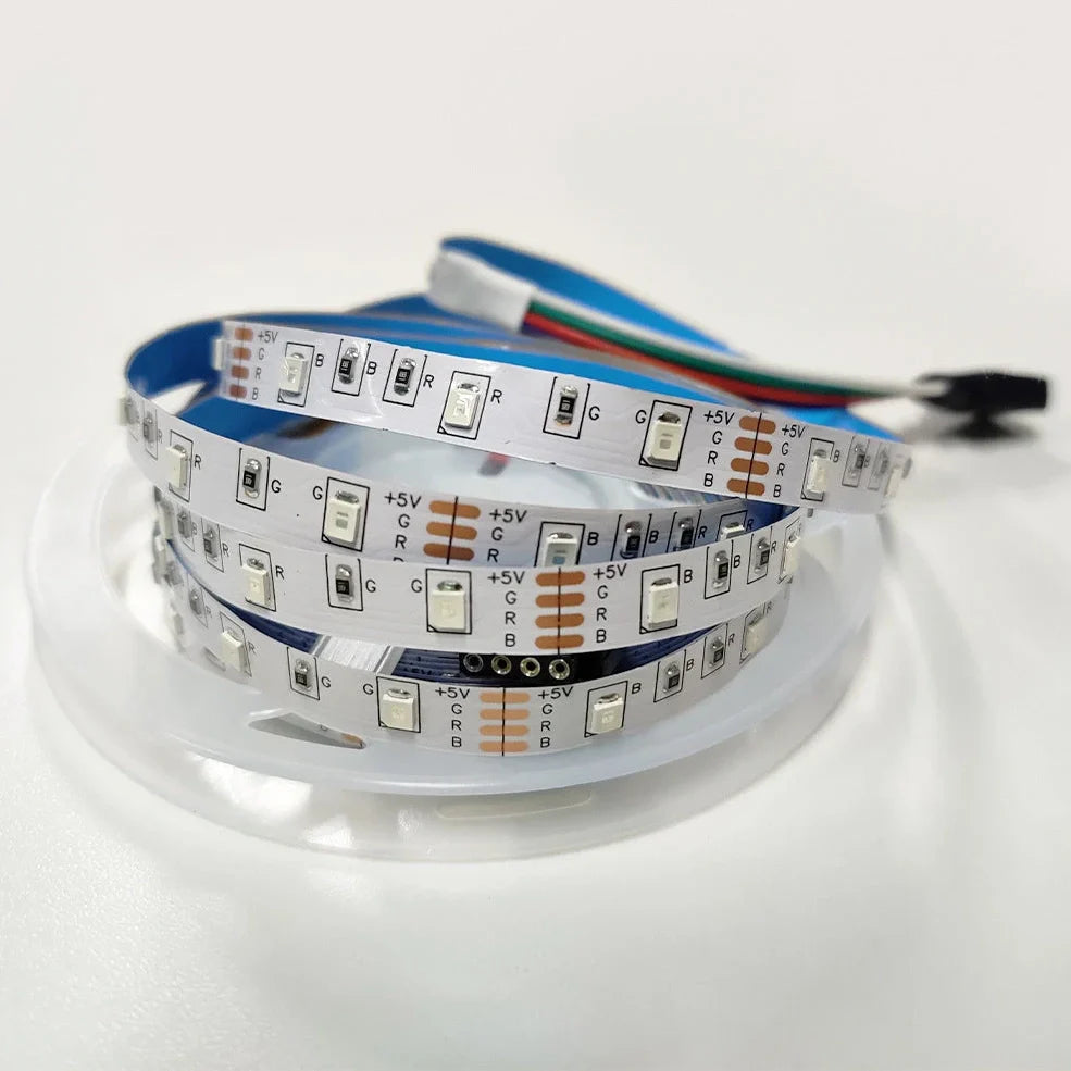 RGB LED strip lights with Bluetooth controller showing colour changing capability and flexible installation