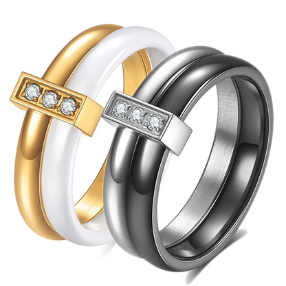 Women's ceramic ring with geometric design, glossy stitching, and zirconium inlay in steel black or gold white finish