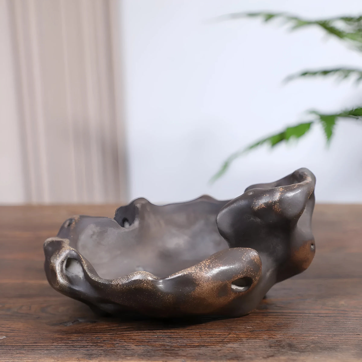 Brown mud ceramic flower pot with Taihu Lake stone shaped form, 21x10x7cm, for desktop bamboo and orchid planting