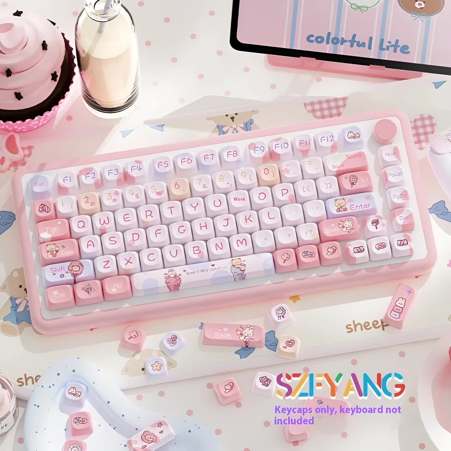 Sweet Cotton Candy gradient PBT keycap set for mechanical keyboards, showing pink to blue colour transition.
