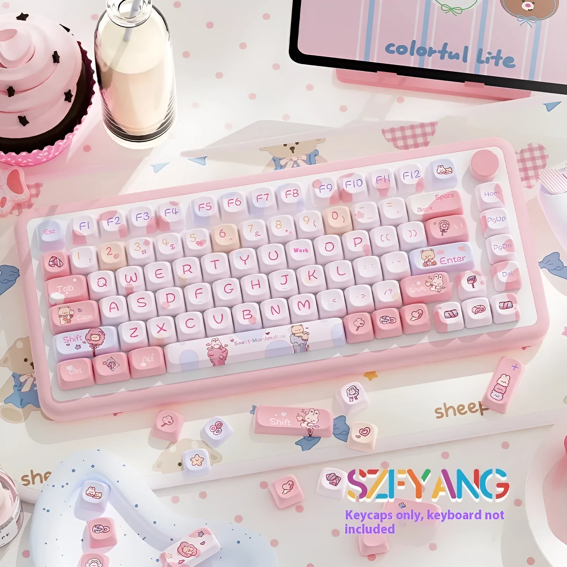 Sweet Cotton Candy gradient PBT keycap set for mechanical keyboards, showing pink to blue colour transition.