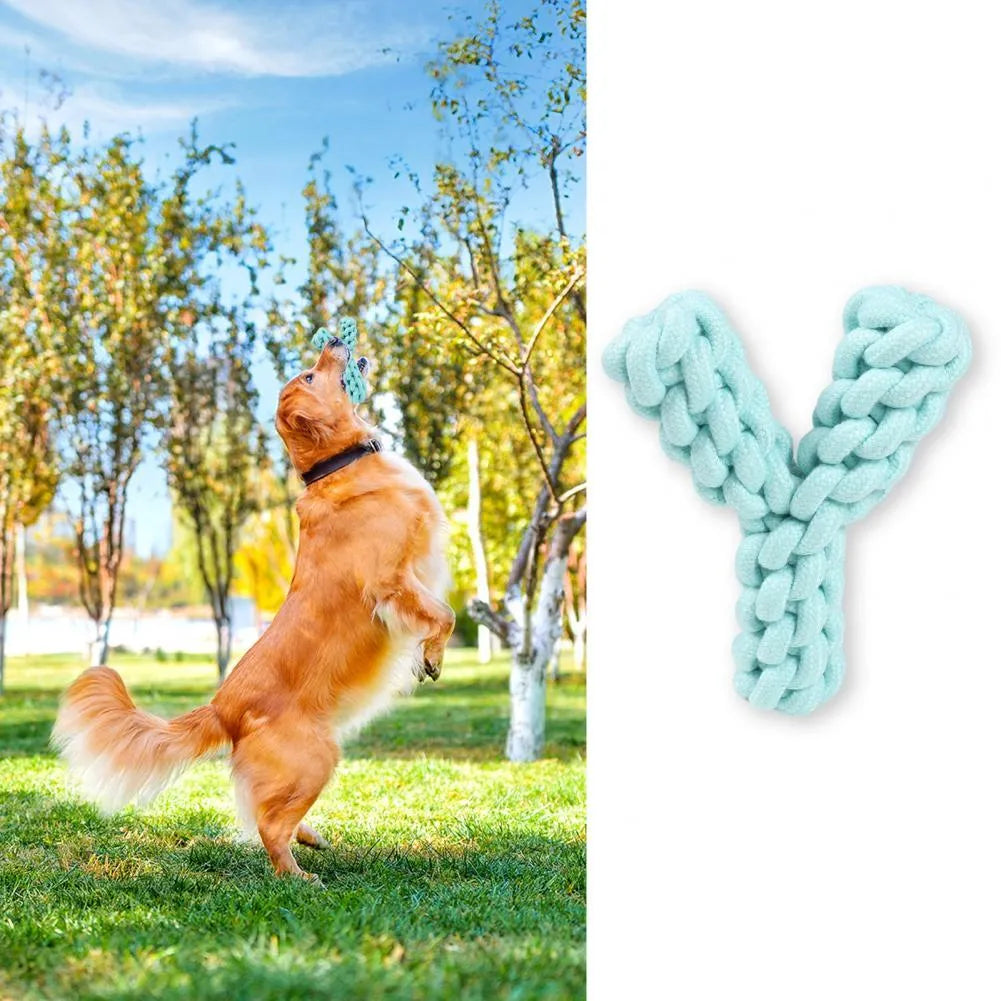 Blue Y-shaped cotton rope dog toy for large breed teeth grinding measuring 18cm