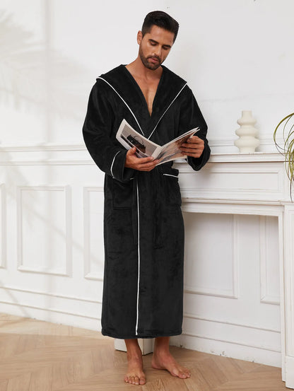 Men's long sleeve flannel bathrobe in light grey, dark blue, or black colours