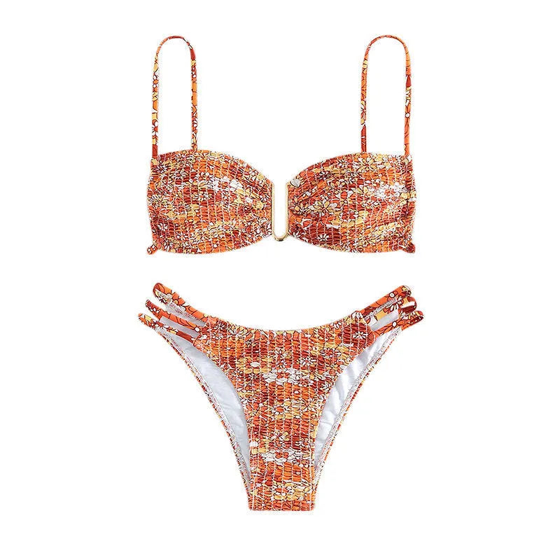 Women's floral high-waist bikini swimsuit in solid colour with matching bra and briefs