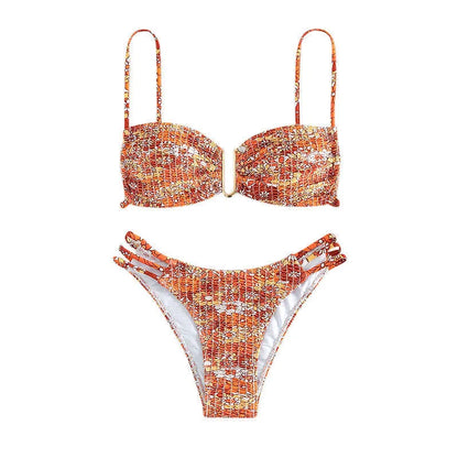 Women's floral high-waist bikini swimsuit in solid colour with matching bra and briefs