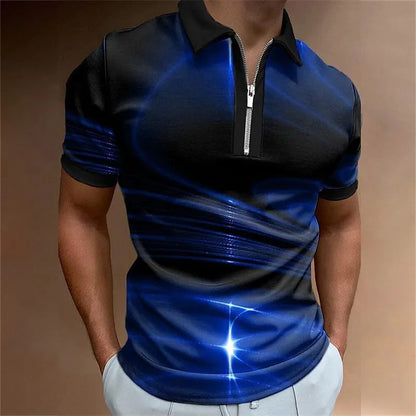 Men's blue short sleeve zip polo shirt with a loose fit, made from polyester bird eye cloth.