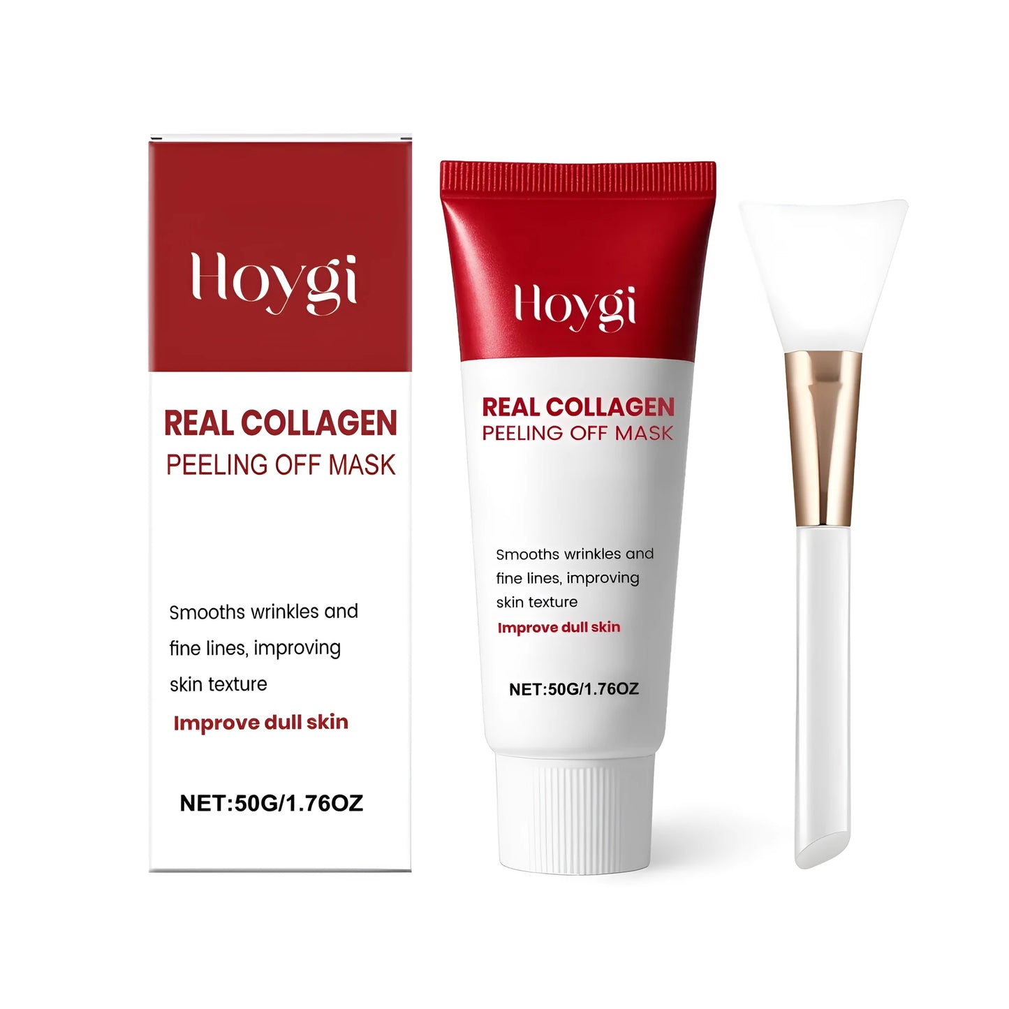 Real Collagen Peeling Off Mask 50g jar with brush applicator on a white background
