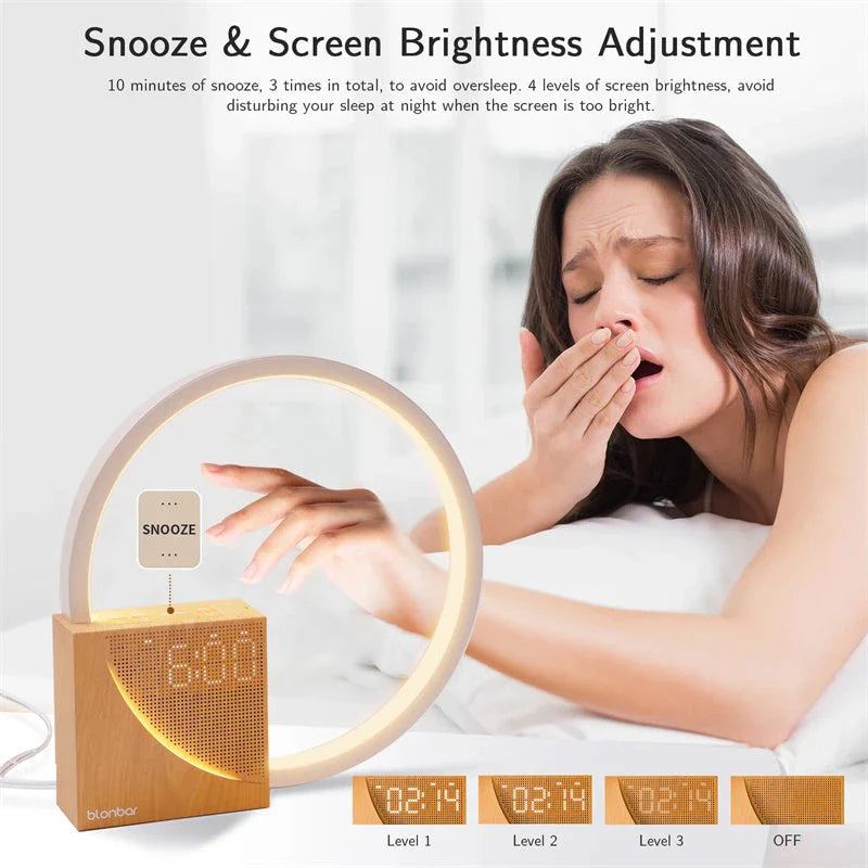 Multifunctional alarm clock bedside lamp with natural sounds, touch control, and 3-level brightness for a relaxing sleep and productive morning routine