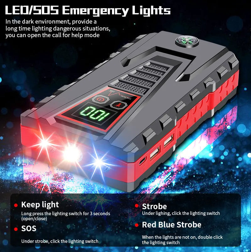 Black emergency starting power supply with 6000mAh battery, 600A starting current, and included battery clamp and USB cable.