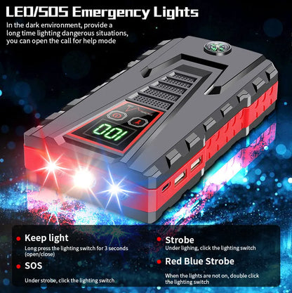Black emergency starting power supply with 6000mAh battery, 600A starting current, and included battery clamp and USB cable.
