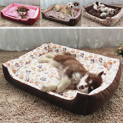 Beige plush pet bed for small dogs with a removable cover and non-slip base, shown in a home setting.