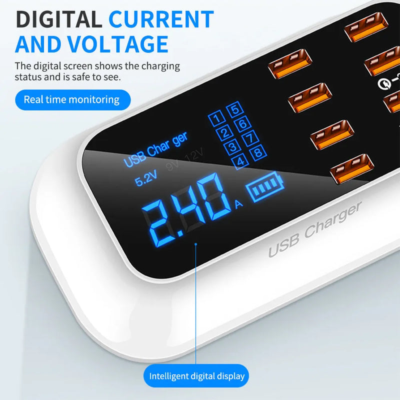 Fast Charging Smart USB Charger Station with Digital Display featuring QC3.0 Quick Charge technology and 1.5m cable, multi-device charging for phones and tablets in ceramic white colour with selectable EU UK US plug options