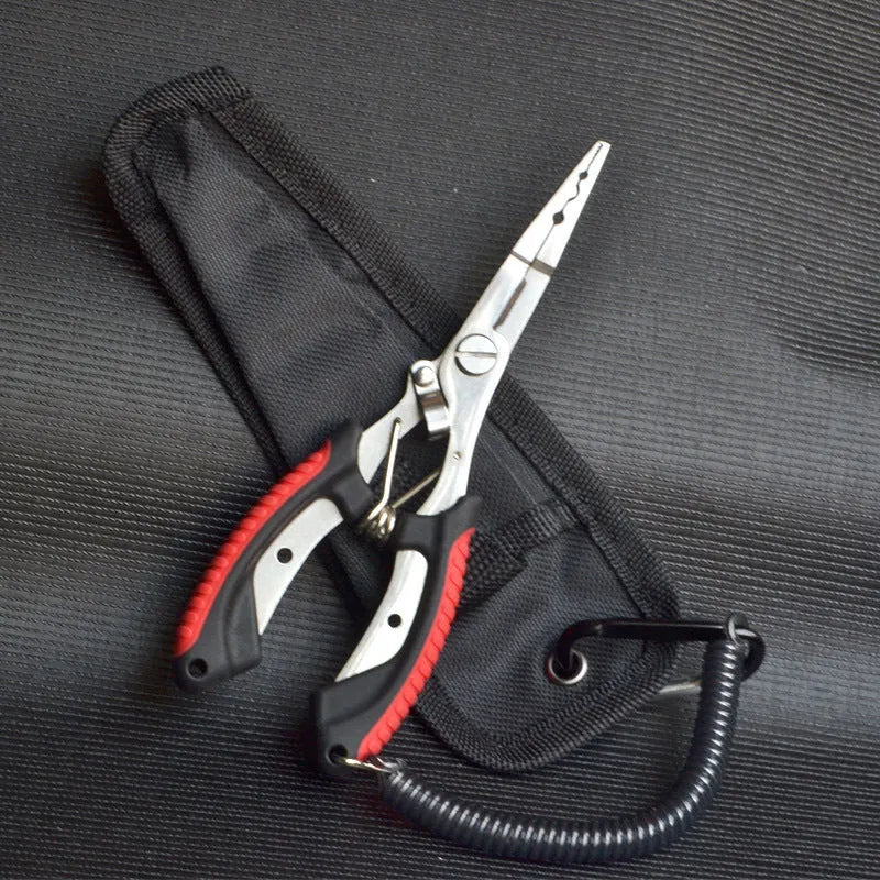 SS420 steel fishing pliers with ABS plastic handle in blue, green or red, shown with nylon bag and carrying strap