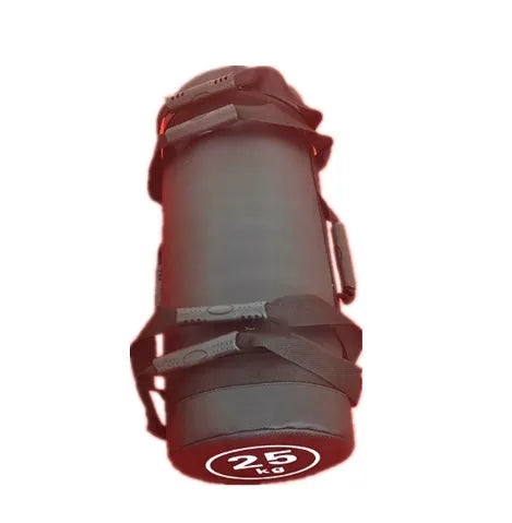 White PVC training sandbag with leather exterior shown in gym setting with weight options from 5kg to 30kg