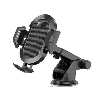 Auto lock car phone holder mounted on air vent, holding a mobile phone, in black grey colour