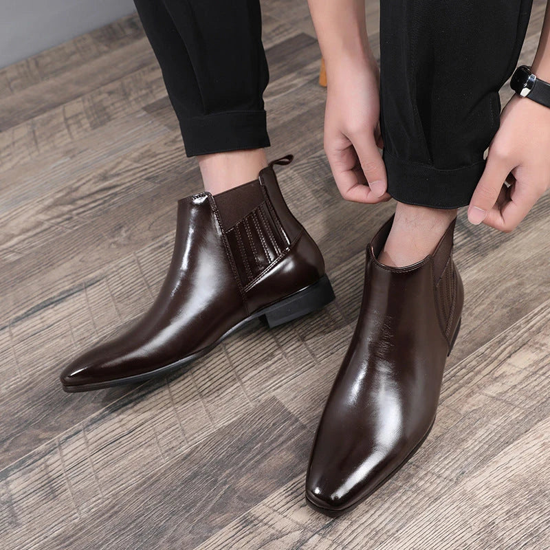 Sleek and sophisticated men's Chelsea boots with pointed toe and square heel design in black and brown colors