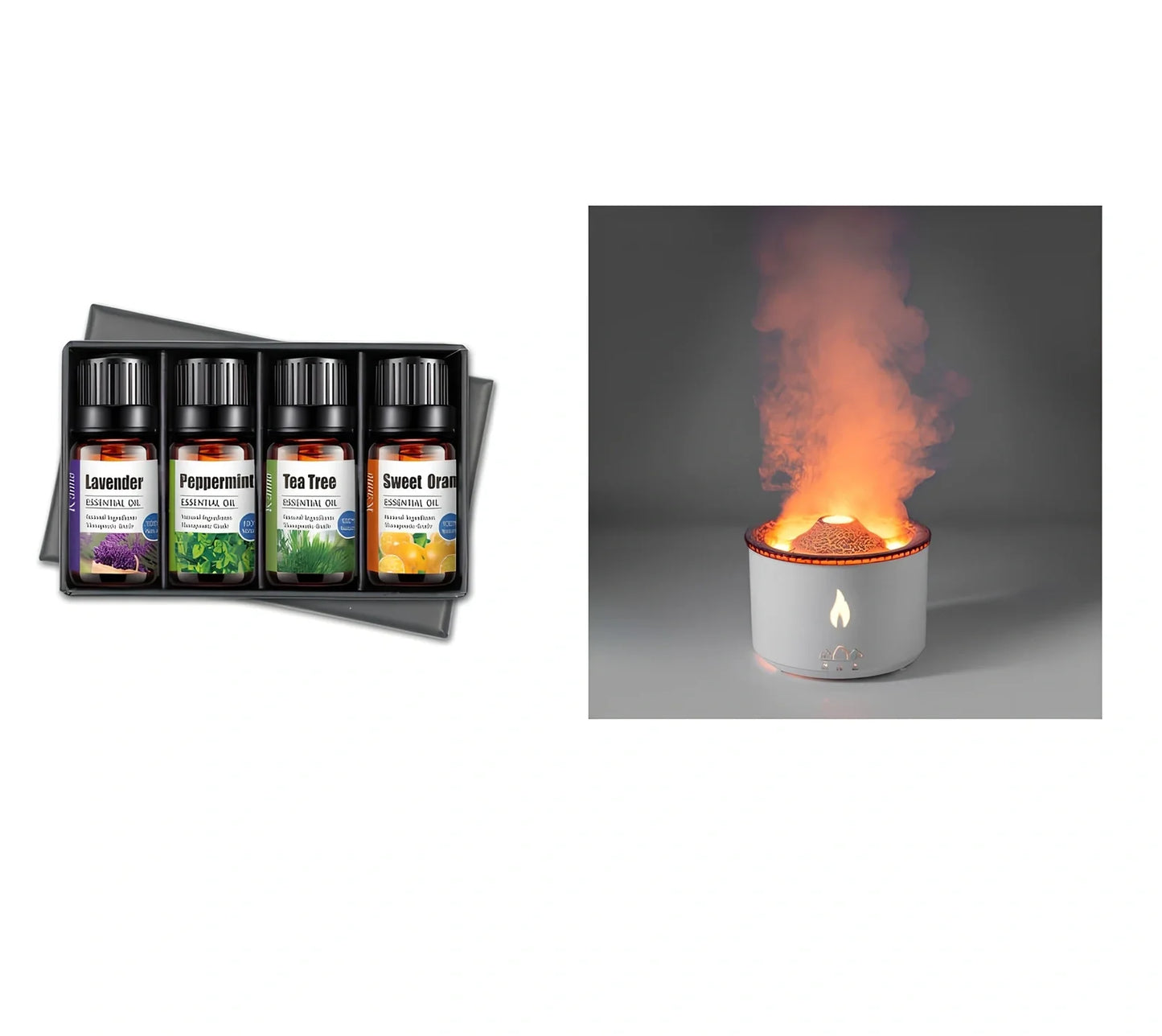 Black columnar ultrasonic humidifier with volcano flame effect and jellyfish smoke rings emerging from mist