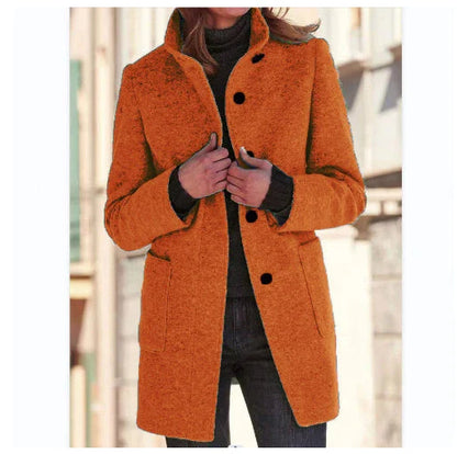 Stylish wool coat with stand collar, pockets, and slim fit design for casual winter wear.