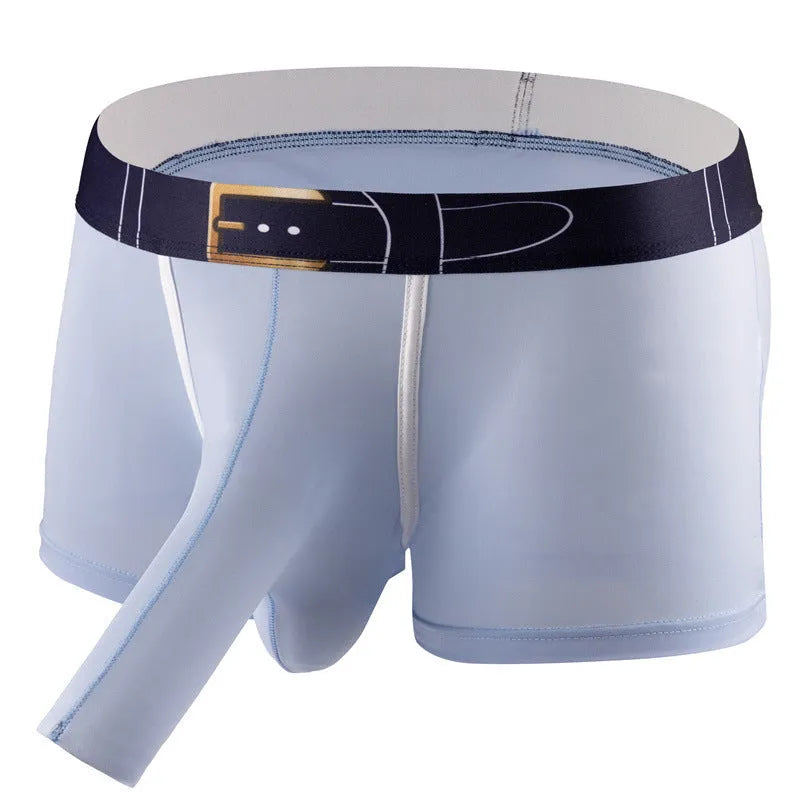 Men's solid colour Ice Silk boxers in black, shown laid flat, with a mid waist design.