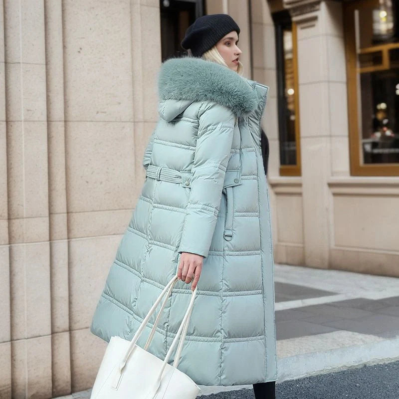Women's stylish winter coat with fur hood and belt in various colors