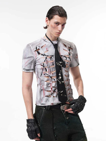 Men's white cotton T-shirt with hollow-out design pattern on fabric