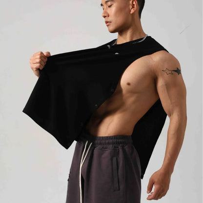 Korean style men's loose fitness vest with hidden hook design in solid colour