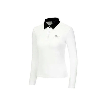 Women's white polyester long sleeve sportswear top for golf and outdoor activities