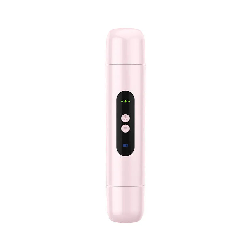 White and pink portable electric body hair trimmer with USB charging cable.
