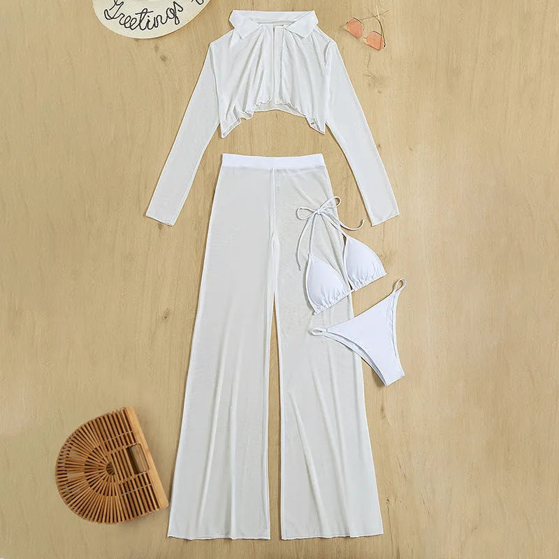 White women's four-piece swimsuit set with high-waist trousers and backless design