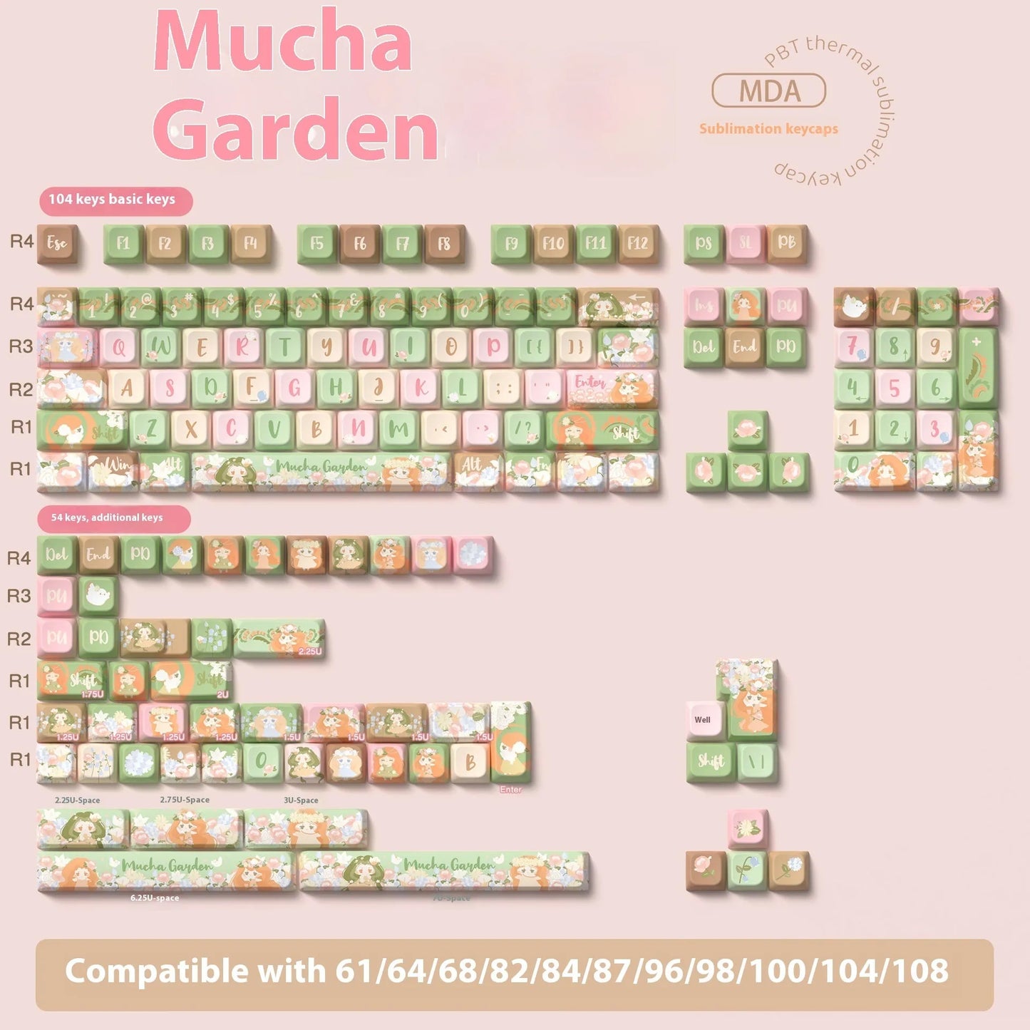 Mu Xia Garden Summer Garden design keycap set for mechanical keyboards, shown in full 138 or 158 key layout.