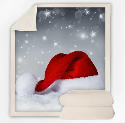 Christmas pattern coral fleece blanket on sofa showing HD printing detail and modern minimalist design